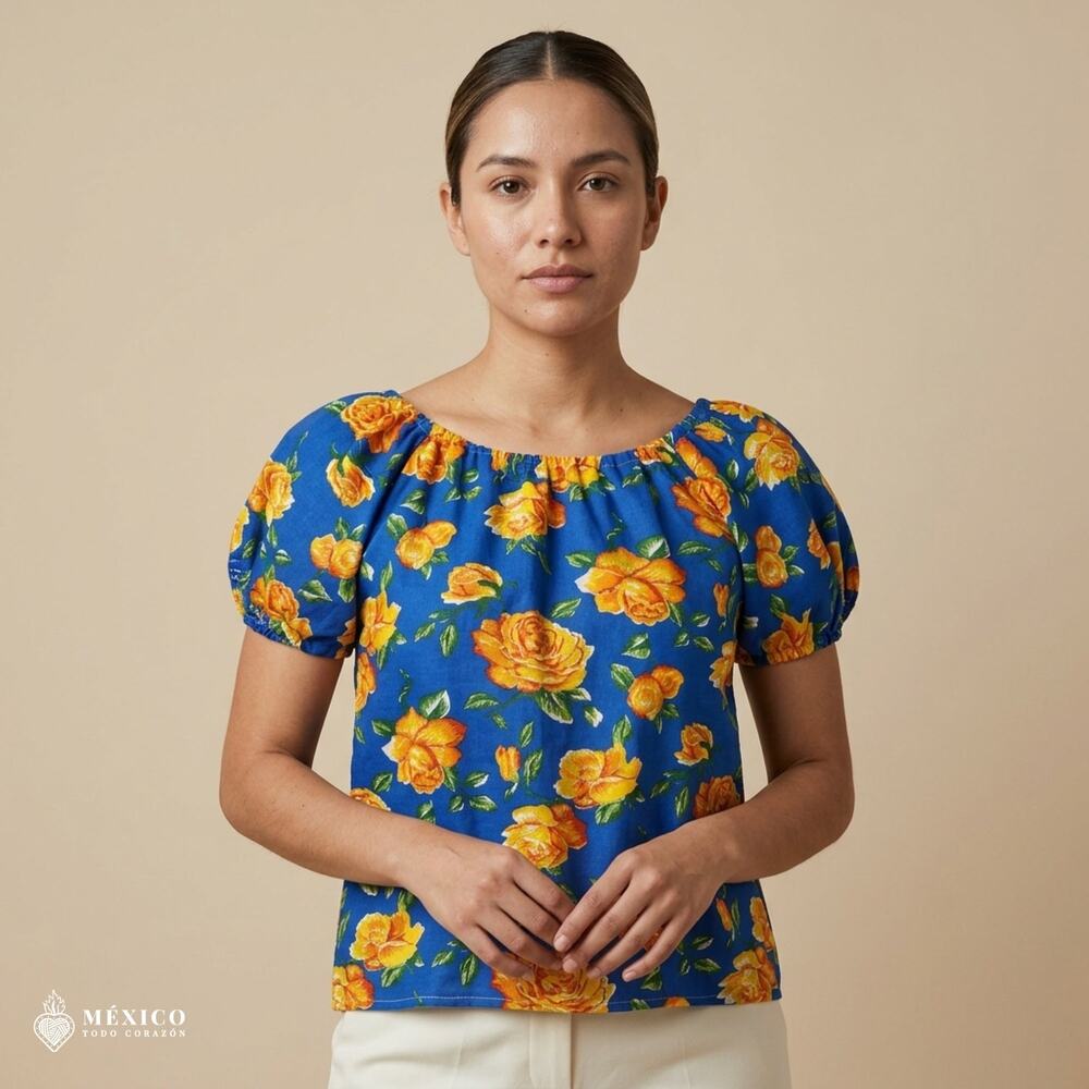 Traditional Mexican Floral Blouse – Lightweight Polyester Folk Style Top